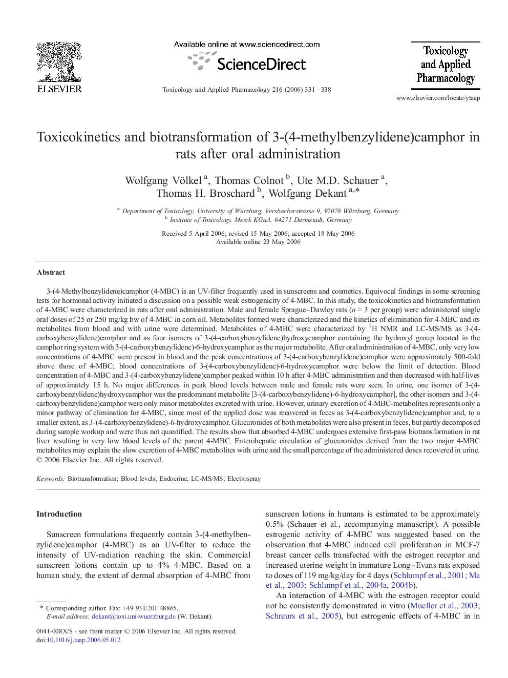 Toxicokinetics and biotransformation of 3-(4-methylbenzylidene)camphor in rats after oral administration