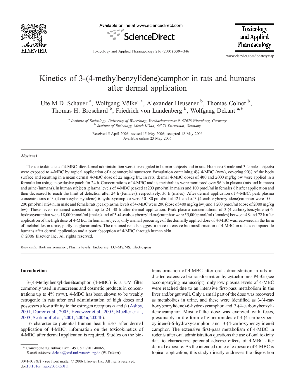 Kinetics of 3-(4-methylbenzylidene)camphor in rats and humans after dermal application