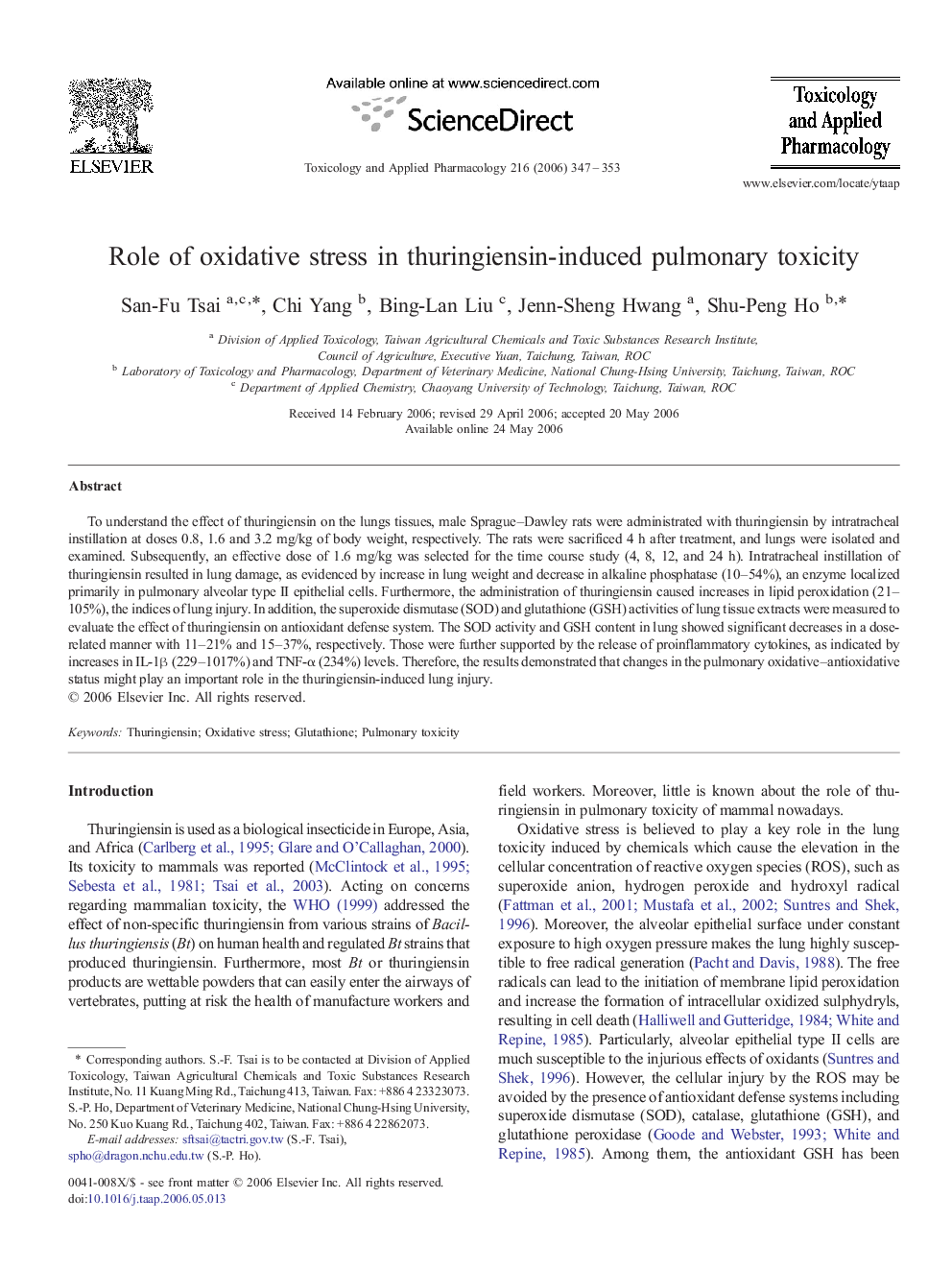 Role of oxidative stress in thuringiensin-induced pulmonary toxicity