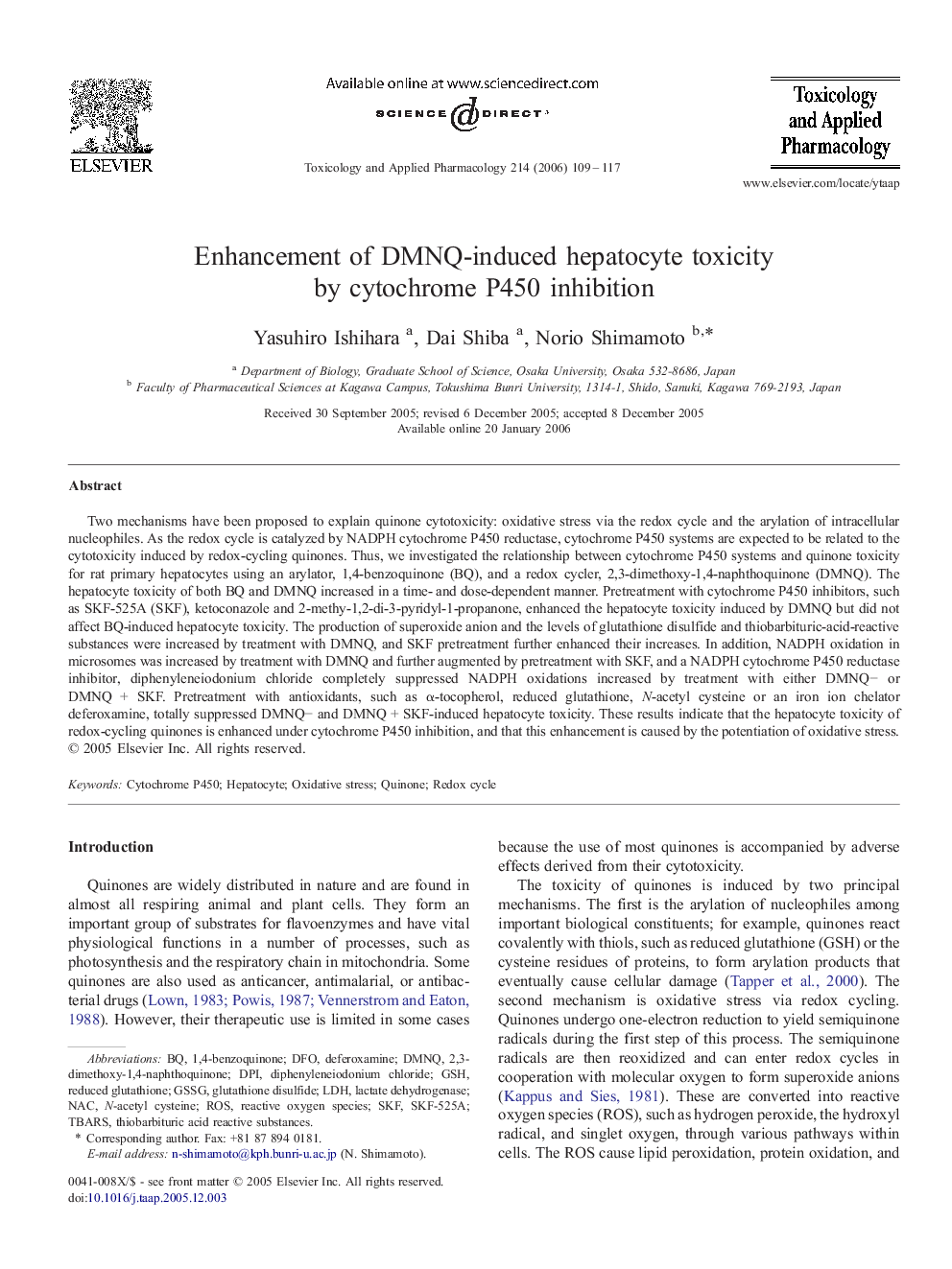 Enhancement of DMNQ-induced hepatocyte toxicity by cytochrome P450 inhibition