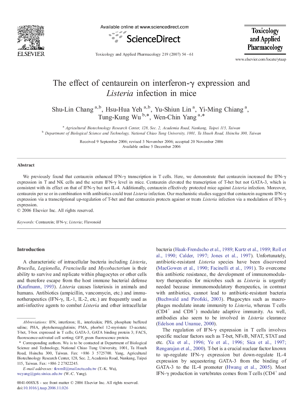 The effect of centaurein on interferon-Î³ expression and Listeria infection in mice