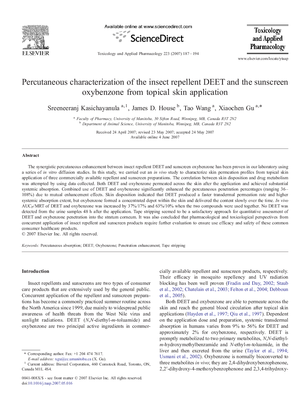 Percutaneous characterization of the insect repellent DEET and the sunscreen oxybenzone from topical skin application