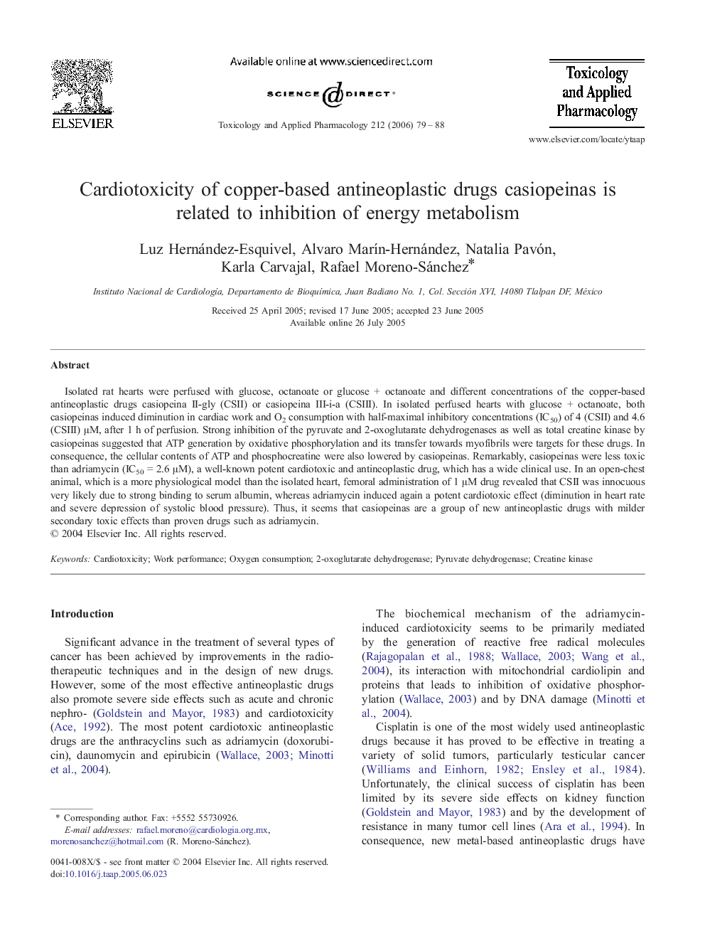 Cardiotoxicity of copper-based antineoplastic drugs casiopeinas is related to inhibition of energy metabolism