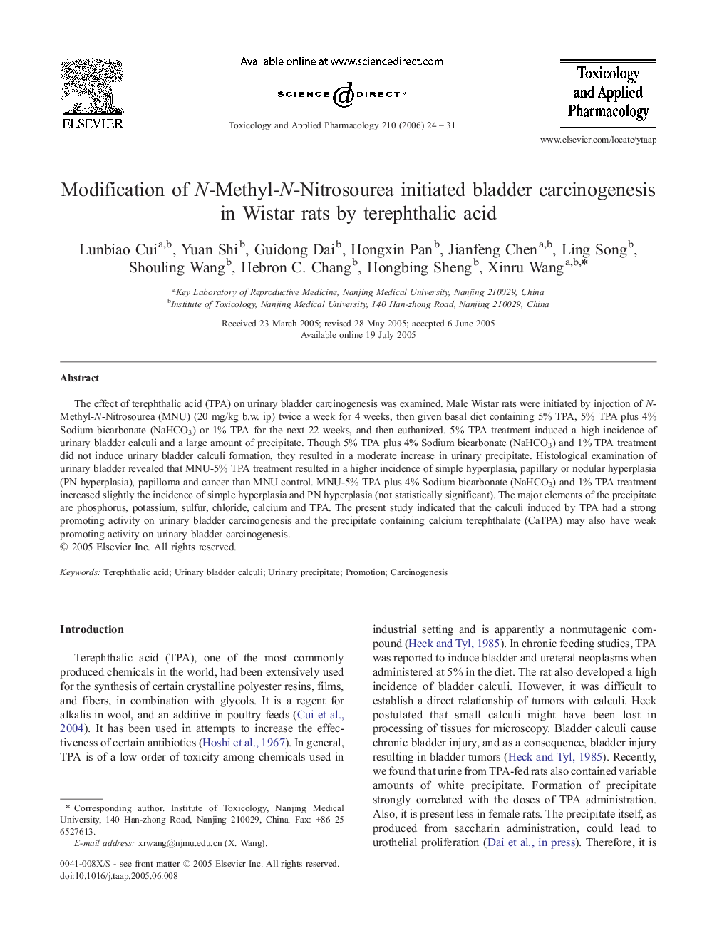 Modification of N-Methyl-N-Nitrosourea initiated bladder carcinogenesis in Wistar rats by terephthalic acid