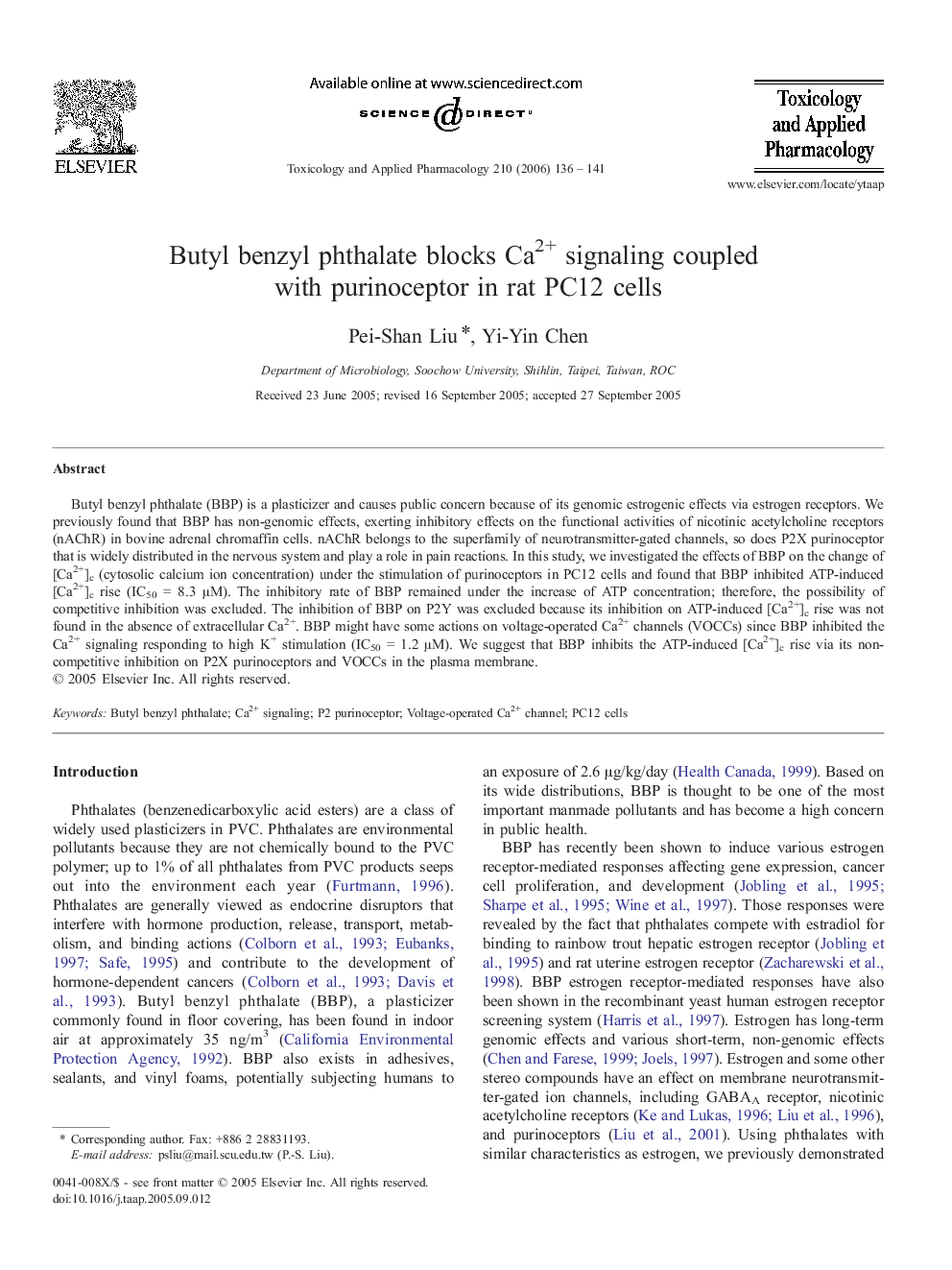 Butyl benzyl phthalate blocks Ca2+ signaling coupled with purinoceptor in rat PC12 cells