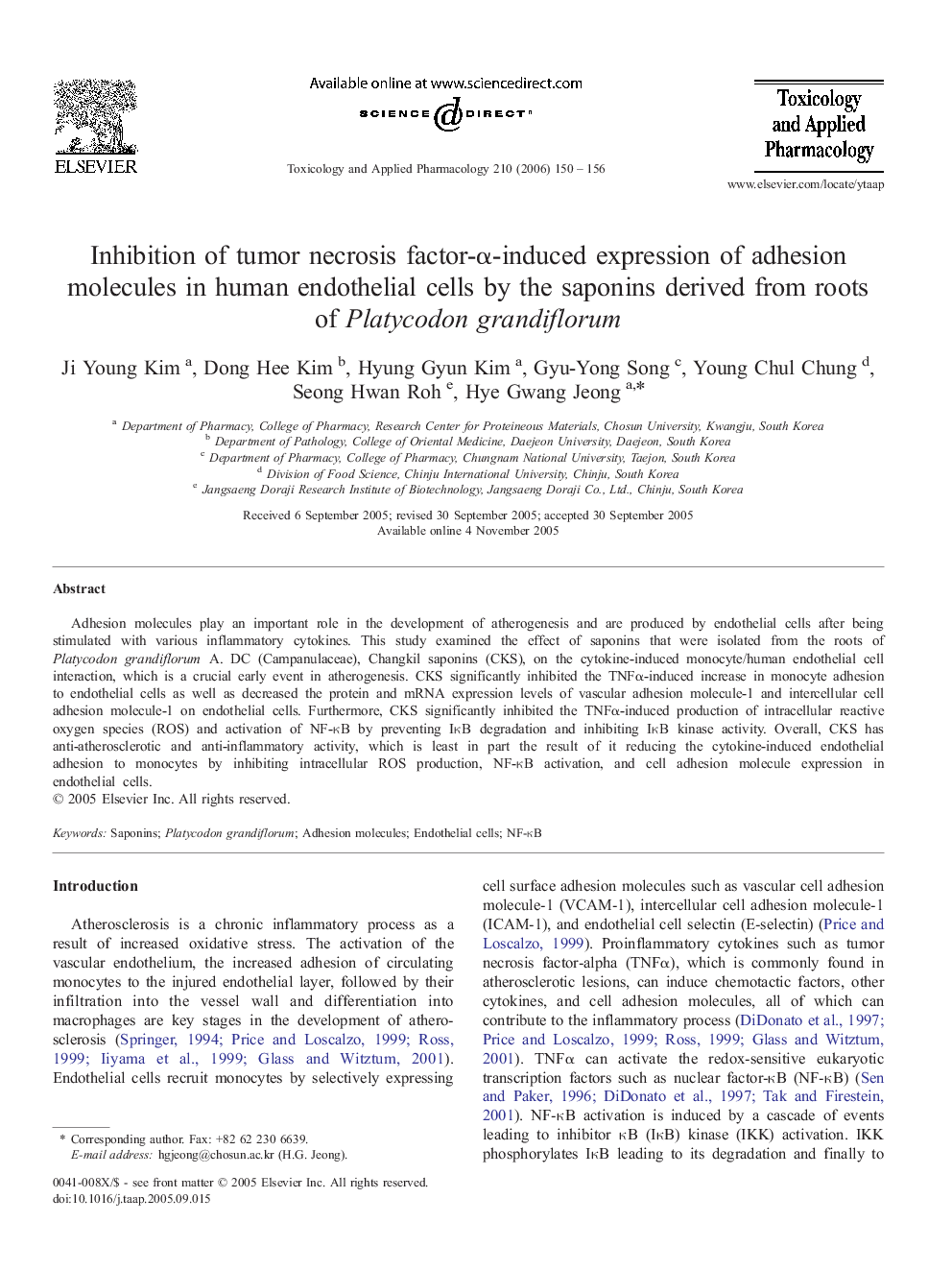 Inhibition of tumor necrosis factor-α-induced expression of adhesion molecules in human endothelial cells by the saponins derived from roots of Platycodon grandiflorum