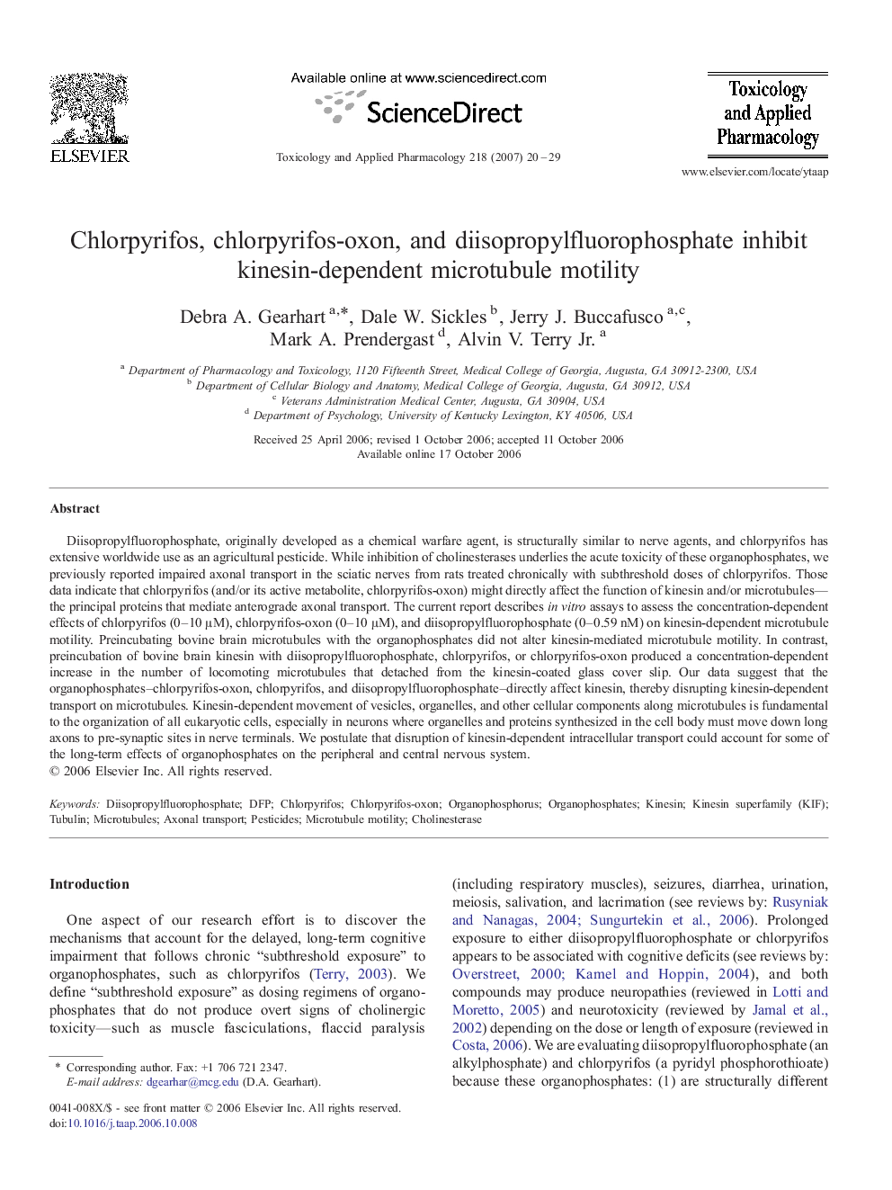 Chlorpyrifos, chlorpyrifos-oxon, and diisopropylfluorophosphate inhibit kinesin-dependent microtubule motility