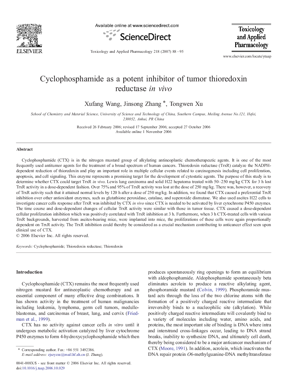 Cyclophosphamide as a potent inhibitor of tumor thioredoxin reductase in vivo