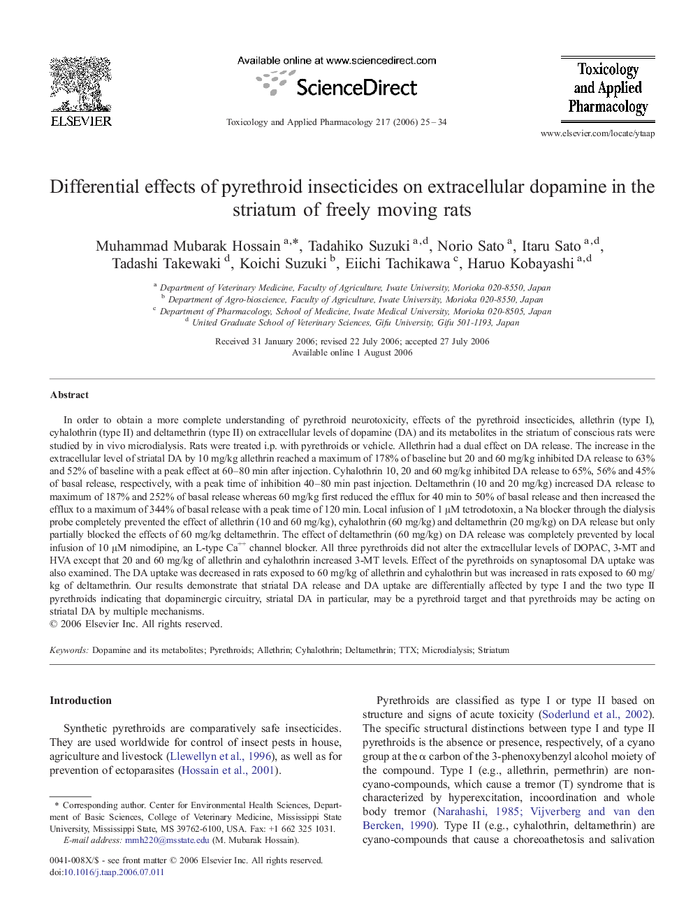 Differential effects of pyrethroid insecticides on extracellular dopamine in the striatum of freely moving rats