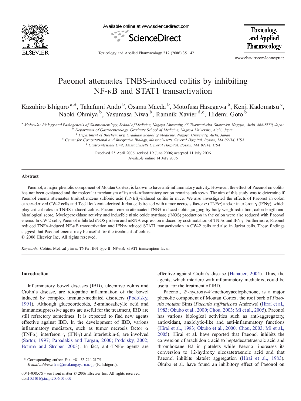 Paeonol attenuates TNBS-induced colitis by inhibiting NF-κB and STAT1 transactivation