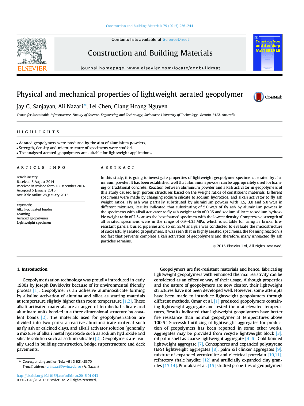 Physical and mechanical properties of lightweight aerated geopolymer