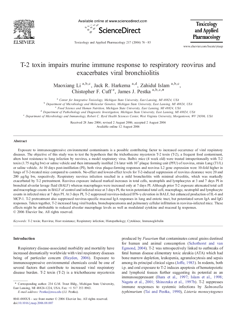 T-2 toxin impairs murine immune response to respiratory reovirus and exacerbates viral bronchiolitis