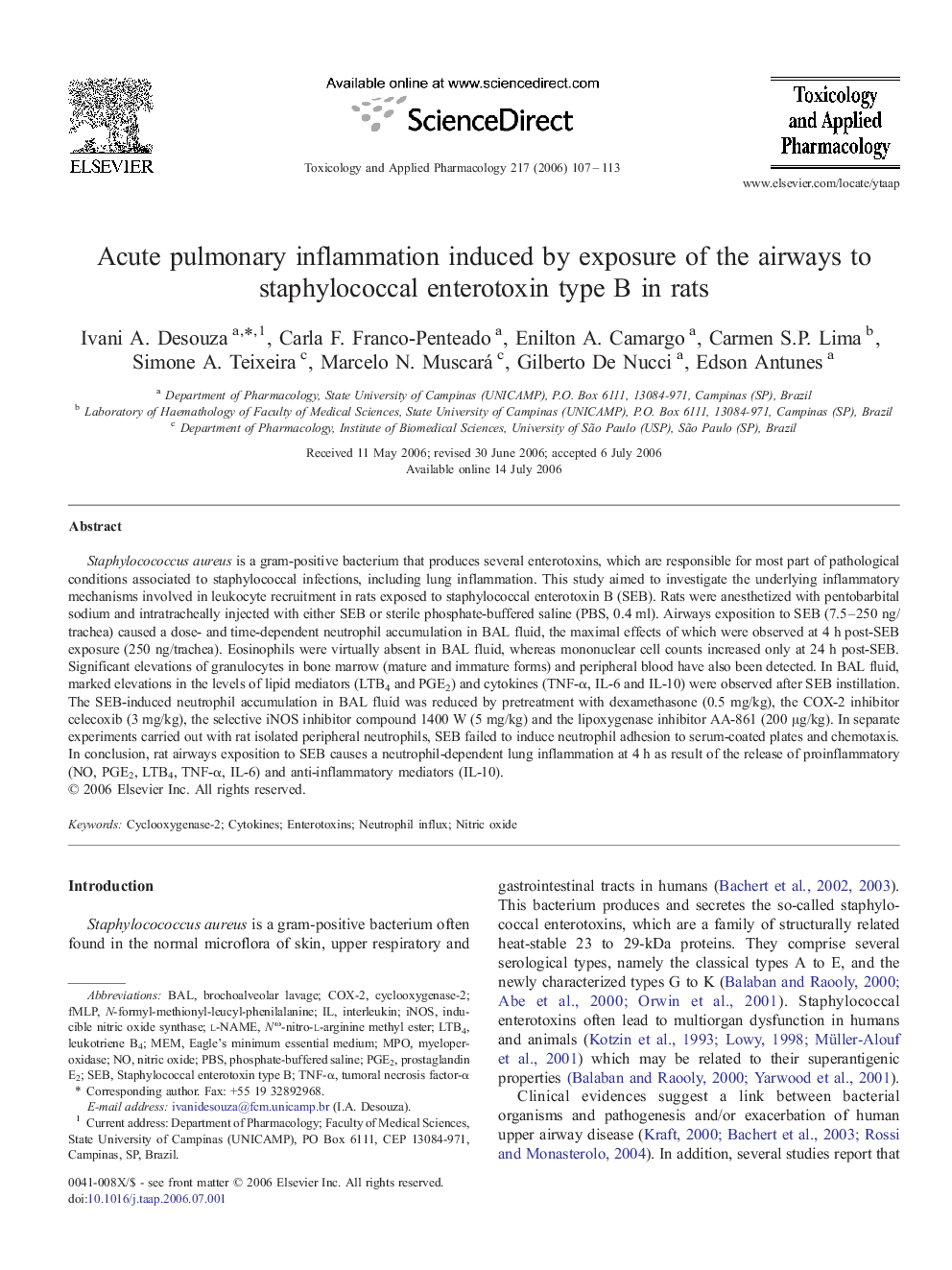 Acute pulmonary inflammation induced by exposure of the airways to staphylococcal enterotoxin type B in rats