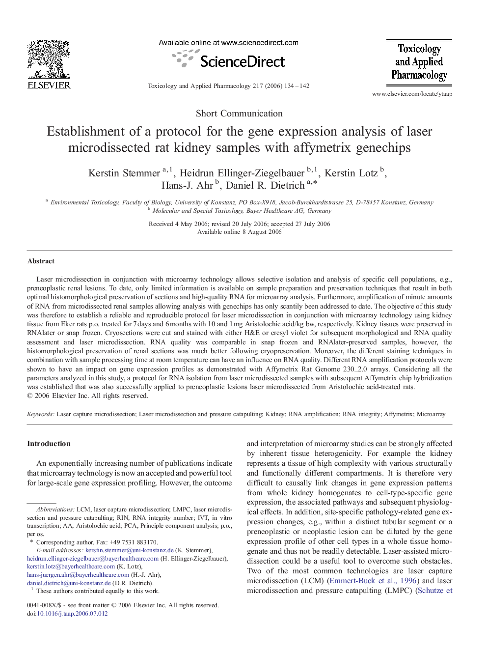 Establishment of a protocol for the gene expression analysis of laser microdissected rat kidney samples with affymetrix genechips