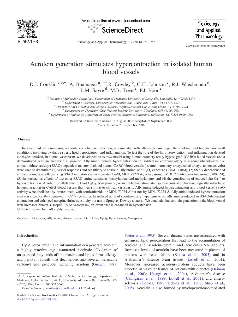 Acrolein generation stimulates hypercontraction in isolated human blood vessels