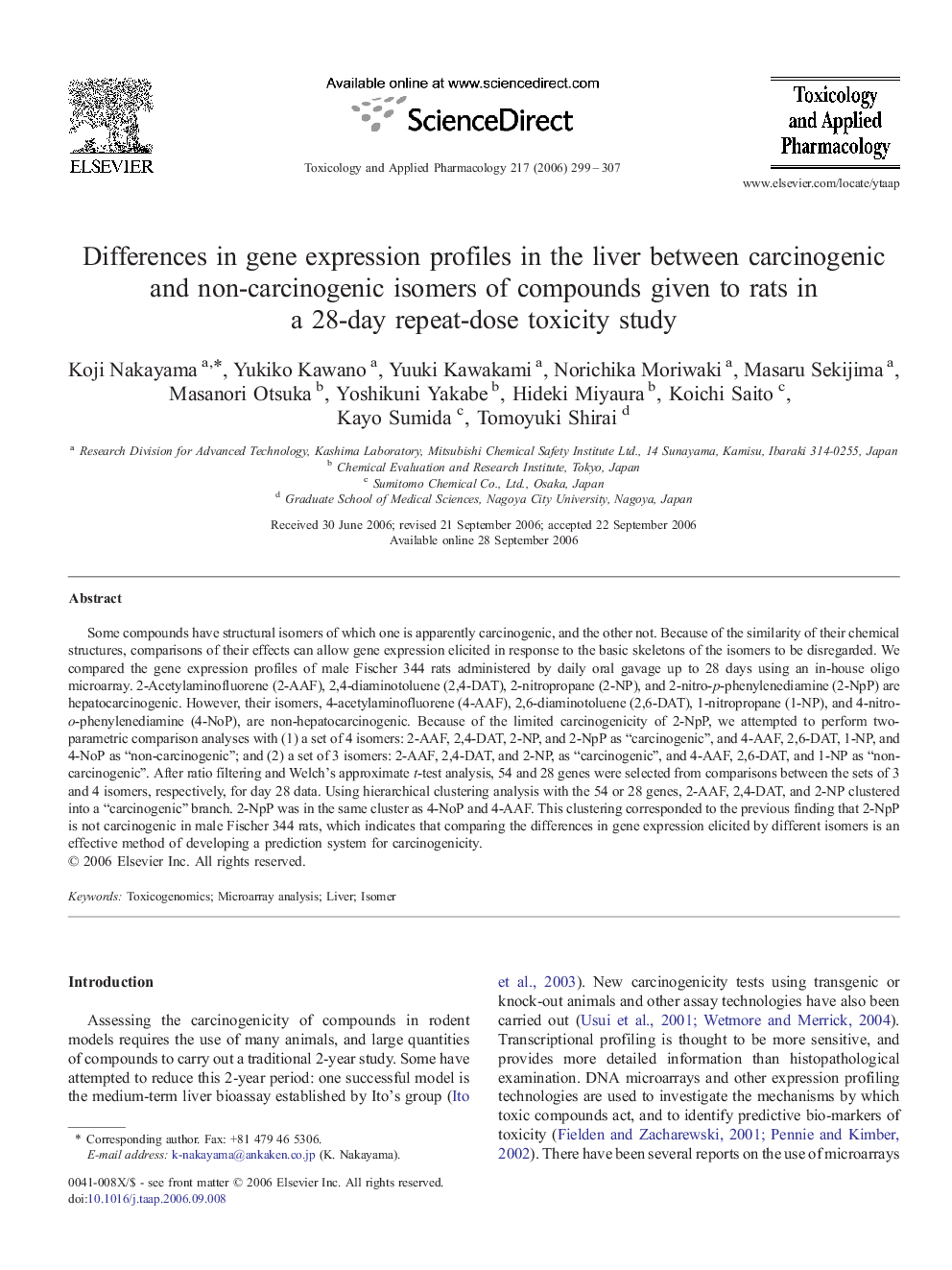 Differences in gene expression profiles in the liver between carcinogenic and non-carcinogenic isomers of compounds given to rats in a 28-day repeat-dose toxicity study