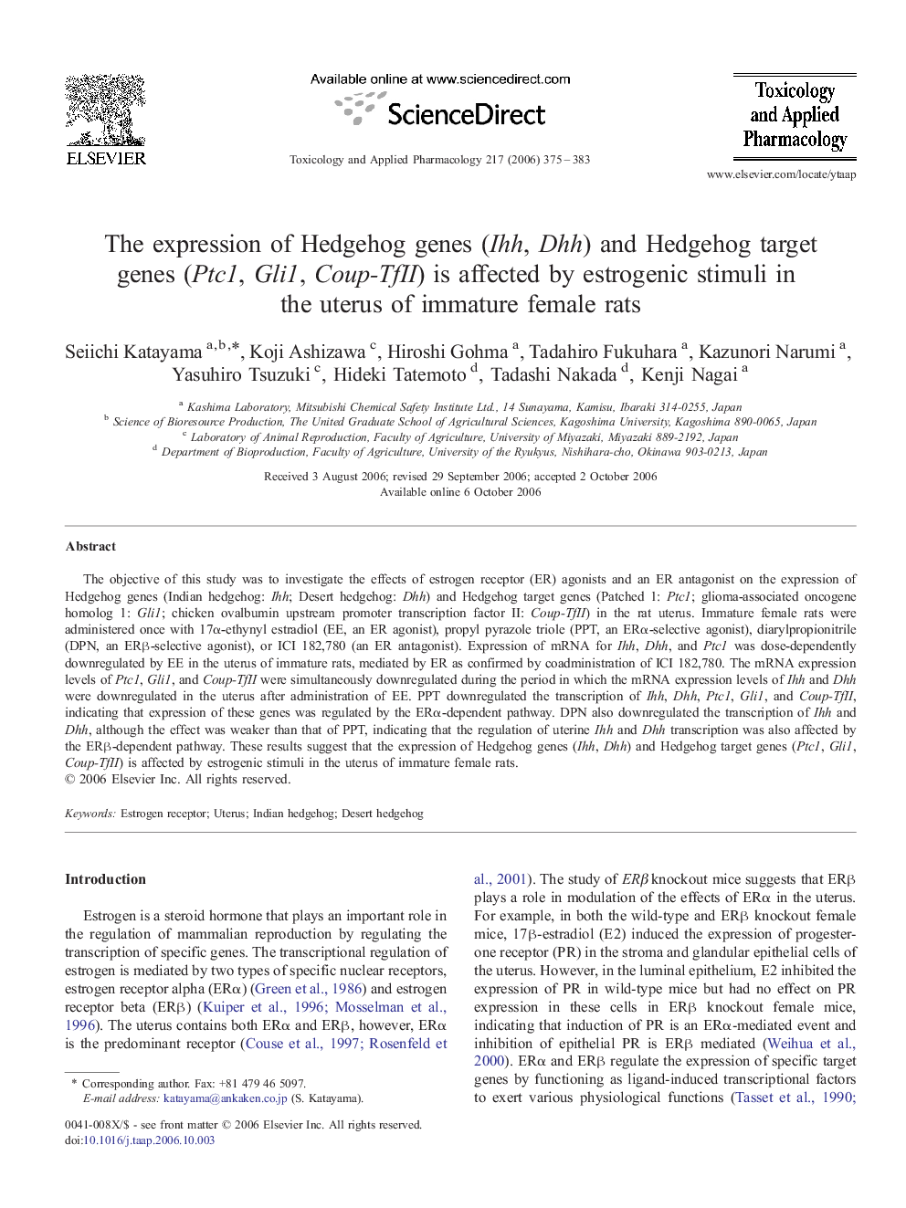 The expression of Hedgehog genes (Ihh, Dhh) and Hedgehog target genes (Ptc1, Gli1, Coup-TfII) is affected by estrogenic stimuli in the uterus of immature female rats