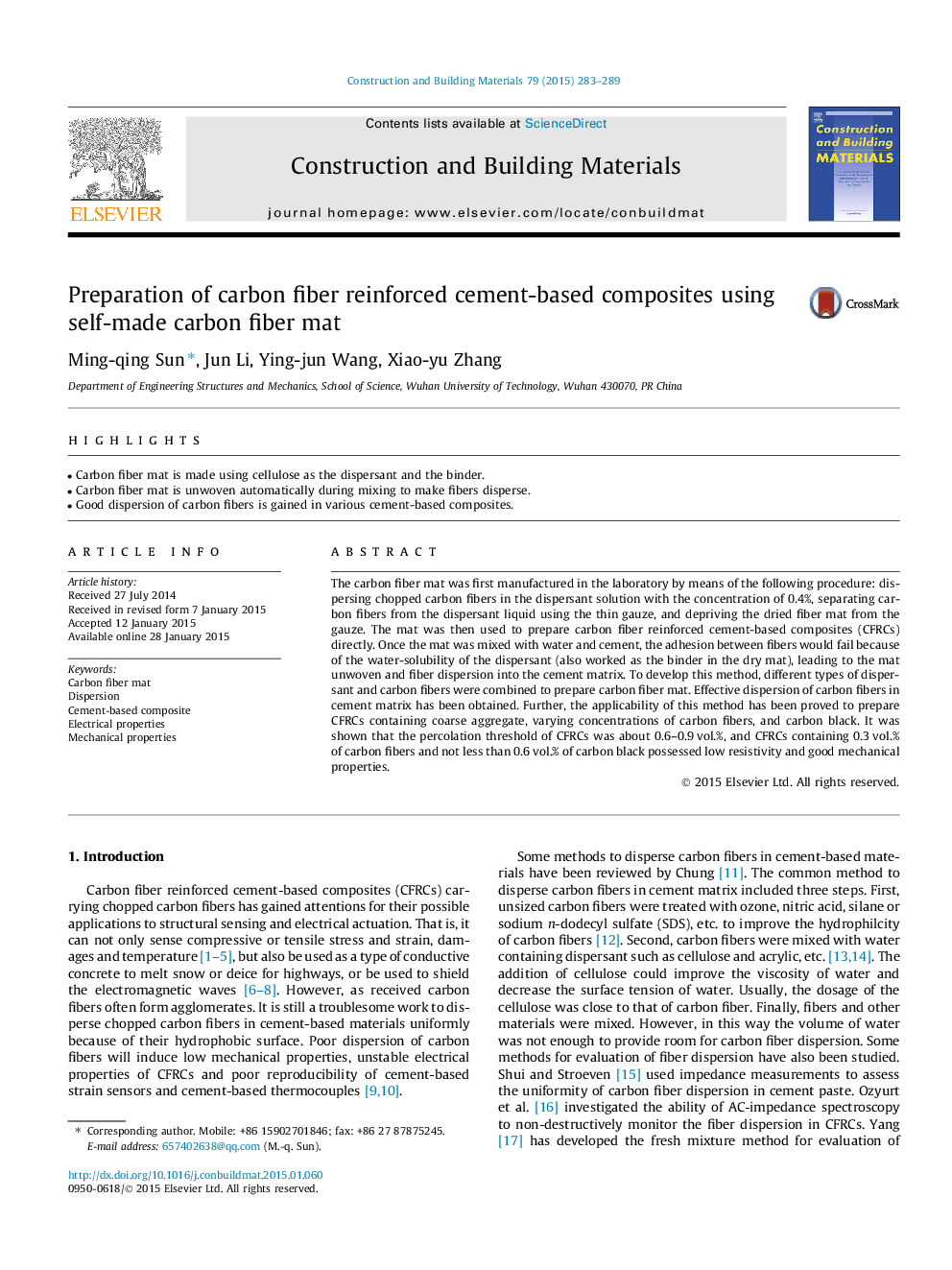 Preparation of carbon fiber reinforced cement-based composites using self-made carbon fiber mat