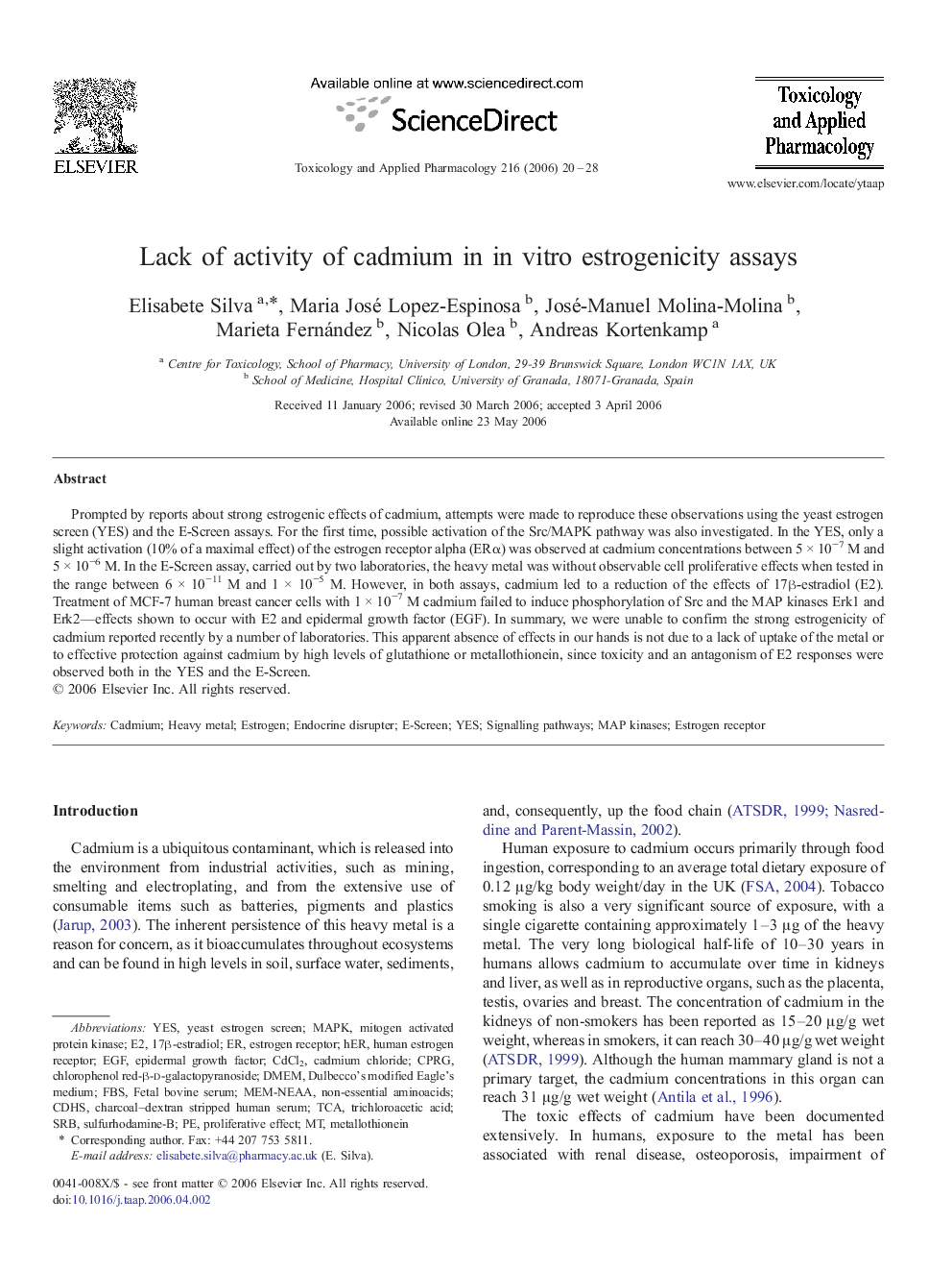 Lack of activity of cadmium in in vitro estrogenicity assays