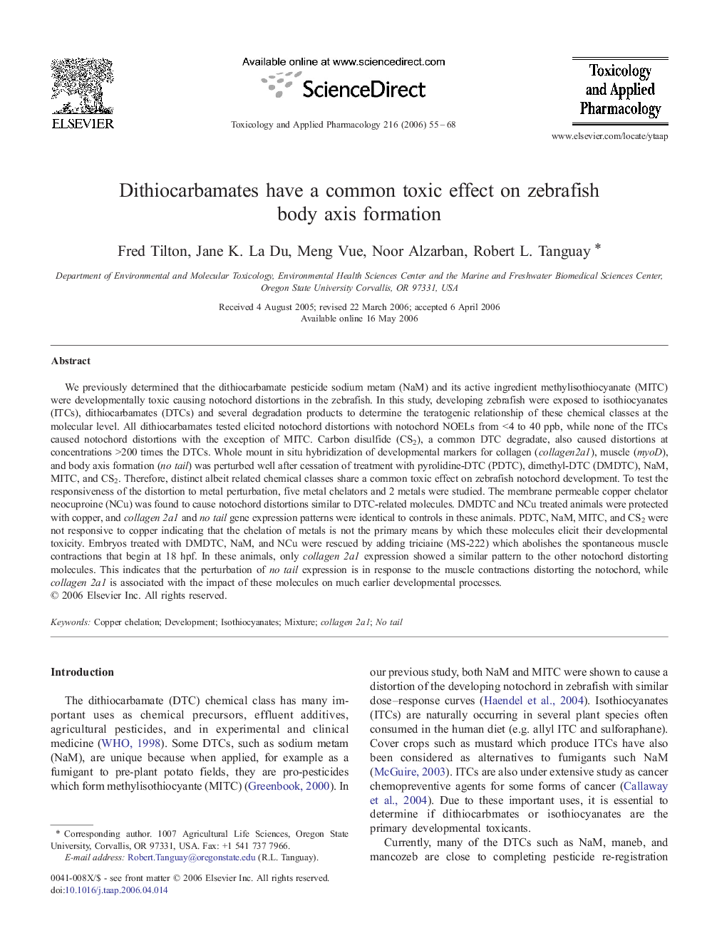 Dithiocarbamates have a common toxic effect on zebrafish body axis formation