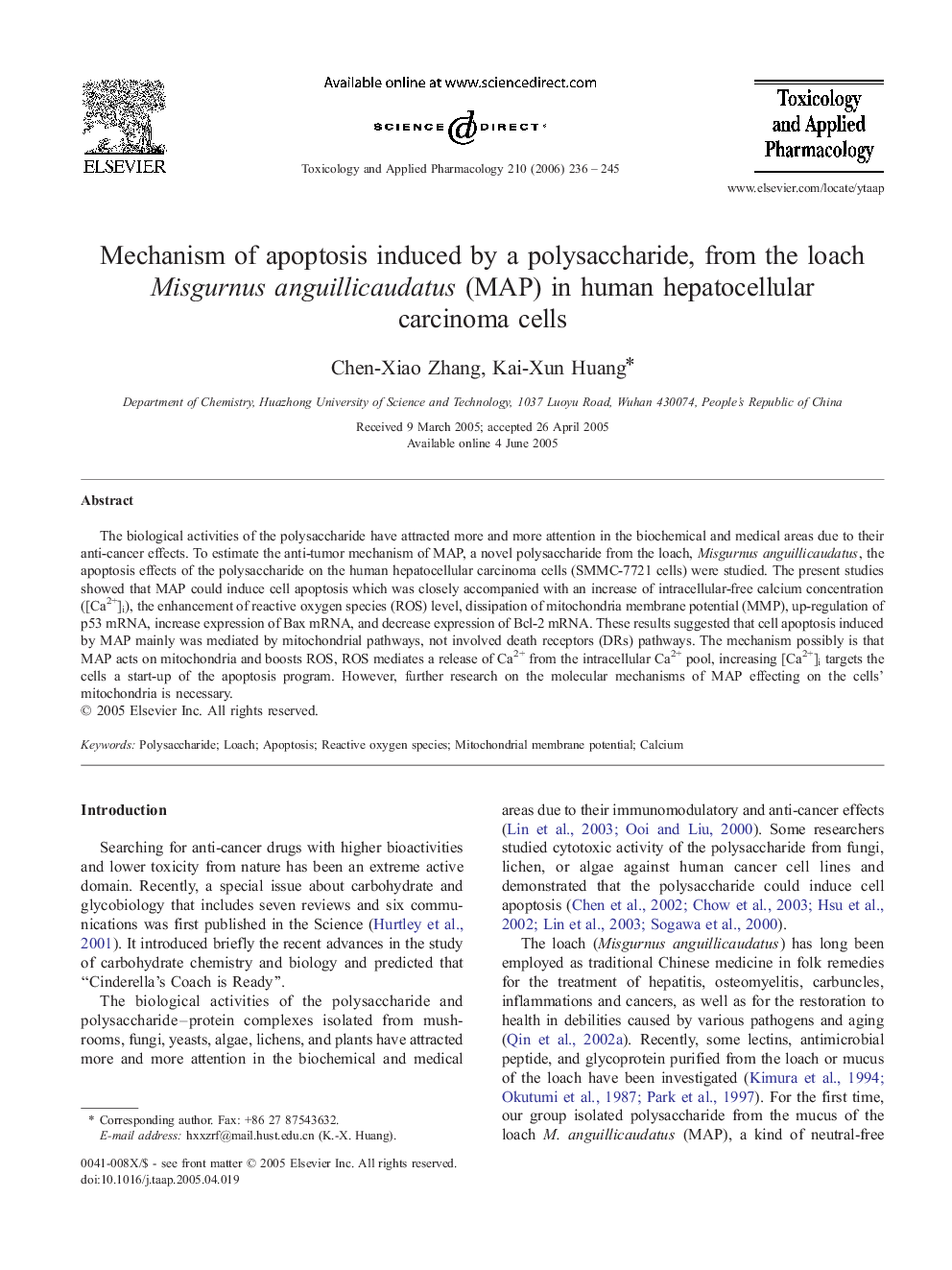 Mechanism of apoptosis induced by a polysaccharide, from the loach Misgurnus anguillicaudatus (MAP) in human hepatocellular carcinoma cells