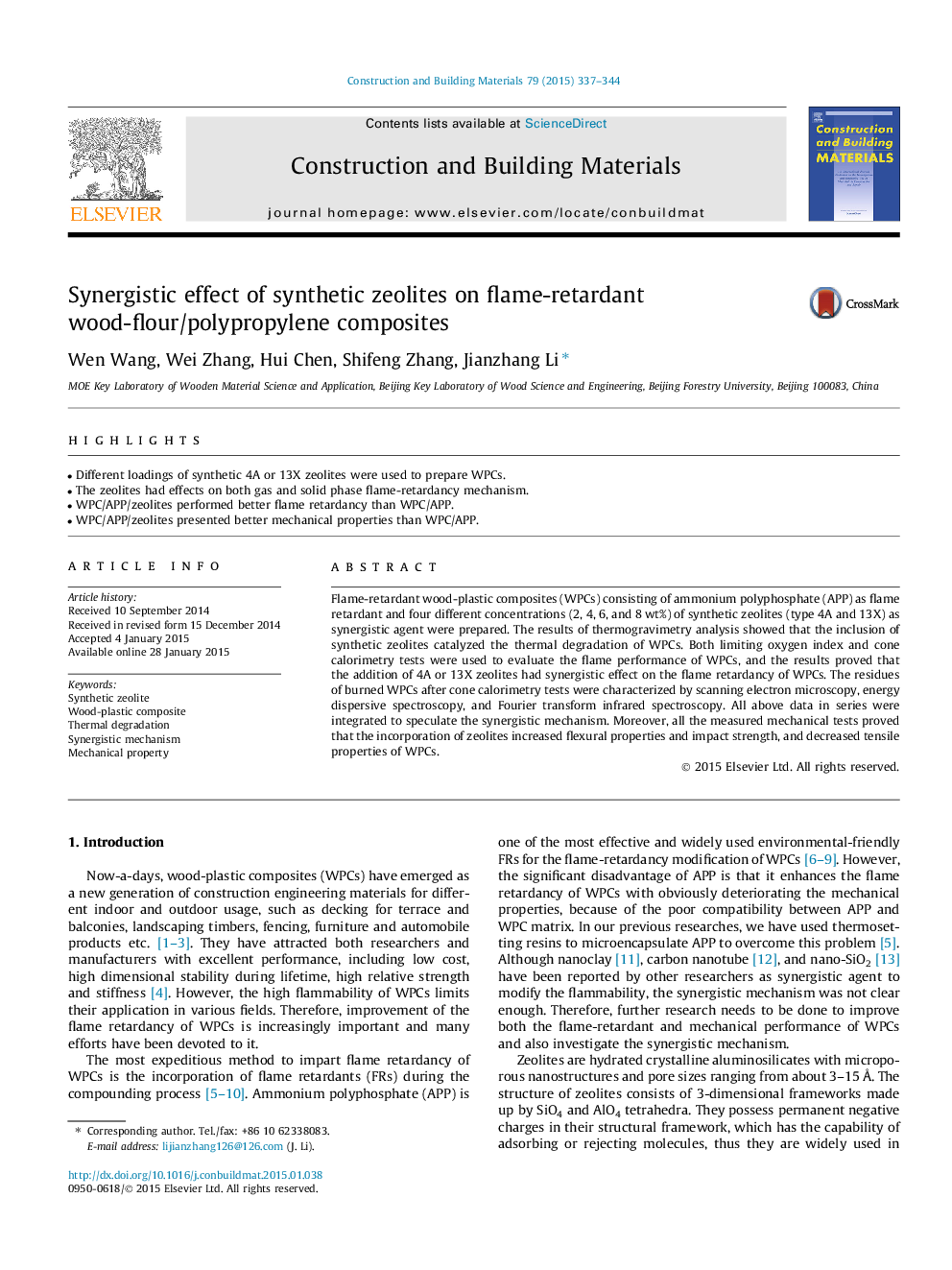 Synergistic effect of synthetic zeolites on flame-retardant wood-flour/polypropylene composites