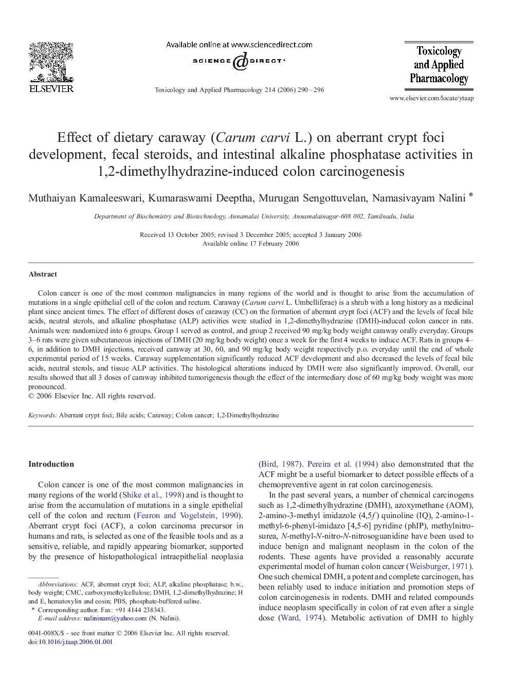 Effect of dietary caraway (Carum carvi L.) on aberrant crypt foci development, fecal steroids, and intestinal alkaline phosphatase activities in 1,2-dimethylhydrazine-induced colon carcinogenesis