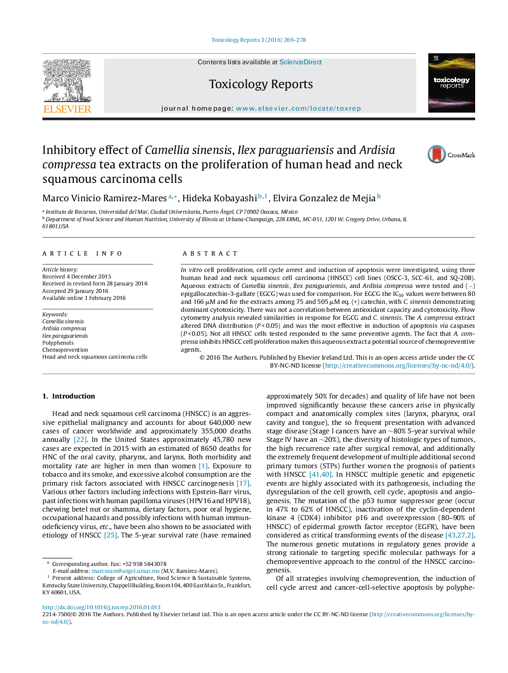 Inhibitory effect of Camellia sinensis, Ilex paraguariensis and Ardisia compressa tea extracts on the proliferation of human head and neck squamous carcinoma cells