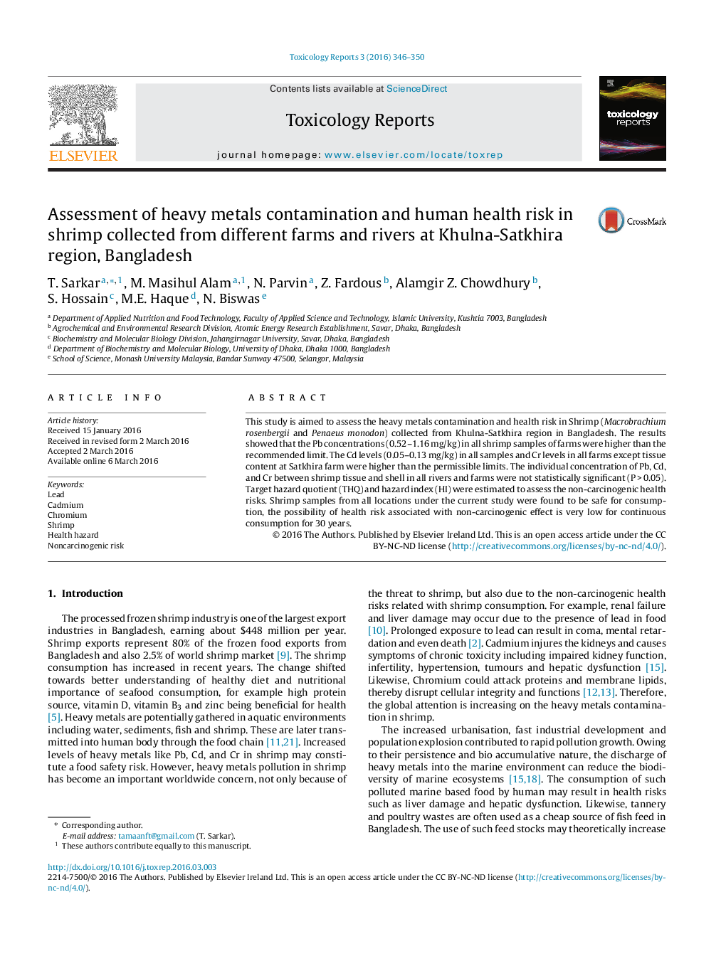 Assessment of heavy metals contamination and human health risk in shrimp collected from different farms and rivers at Khulna-Satkhira region, Bangladesh