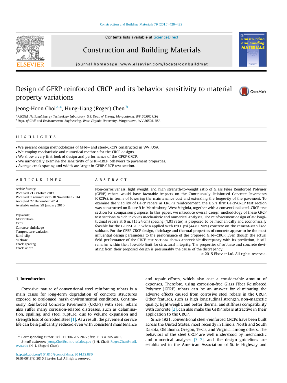 Design of GFRP reinforced CRCP and its behavior sensitivity to material property variations