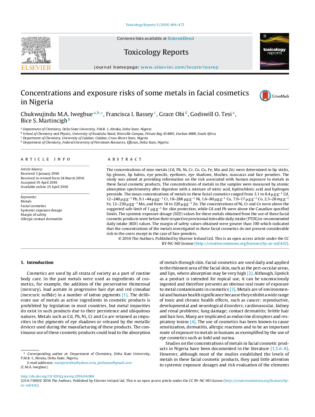 Concentrations and exposure risks of some metals in facial cosmetics in Nigeria