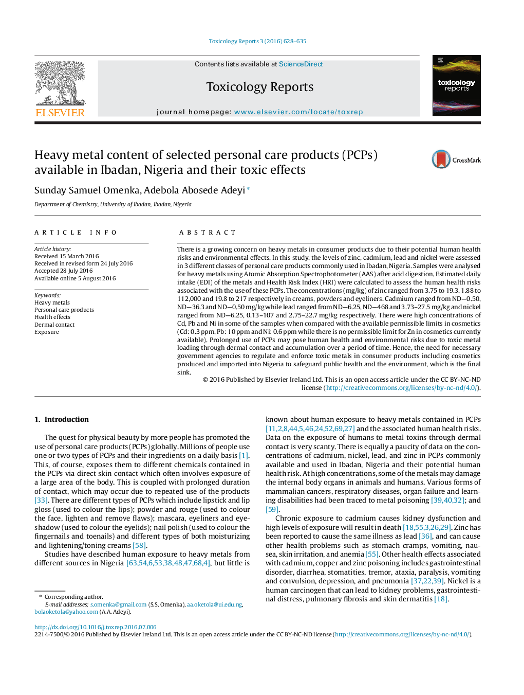 Heavy metal content of selected personal care products (PCPs) available in Ibadan, Nigeria and their toxic effects