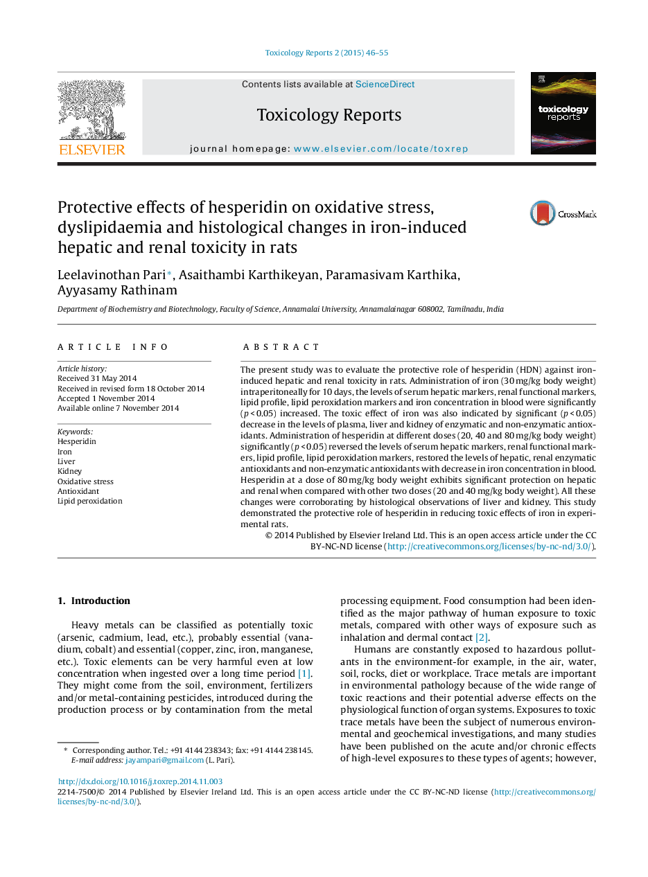 Protective effects of hesperidin on oxidative stress, dyslipidaemia and histological changes in iron-induced hepatic and renal toxicity in rats