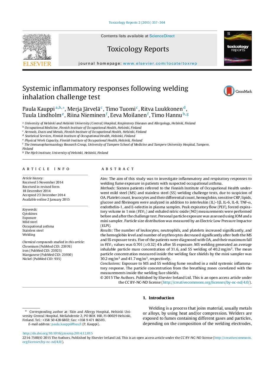 Systemic inflammatory responses following welding inhalation challenge test