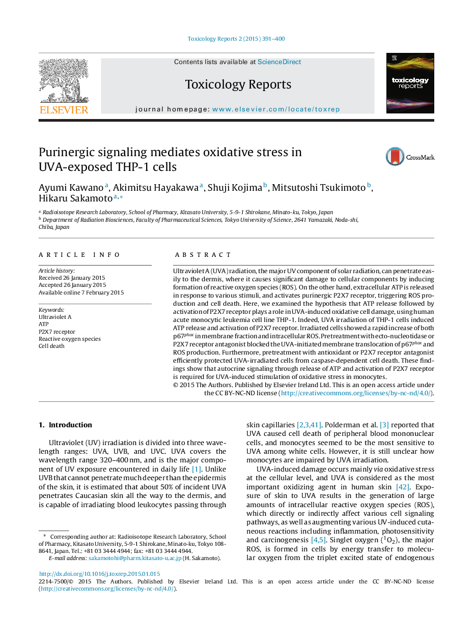 Purinergic signaling mediates oxidative stress in UVA-exposed THP-1 cells