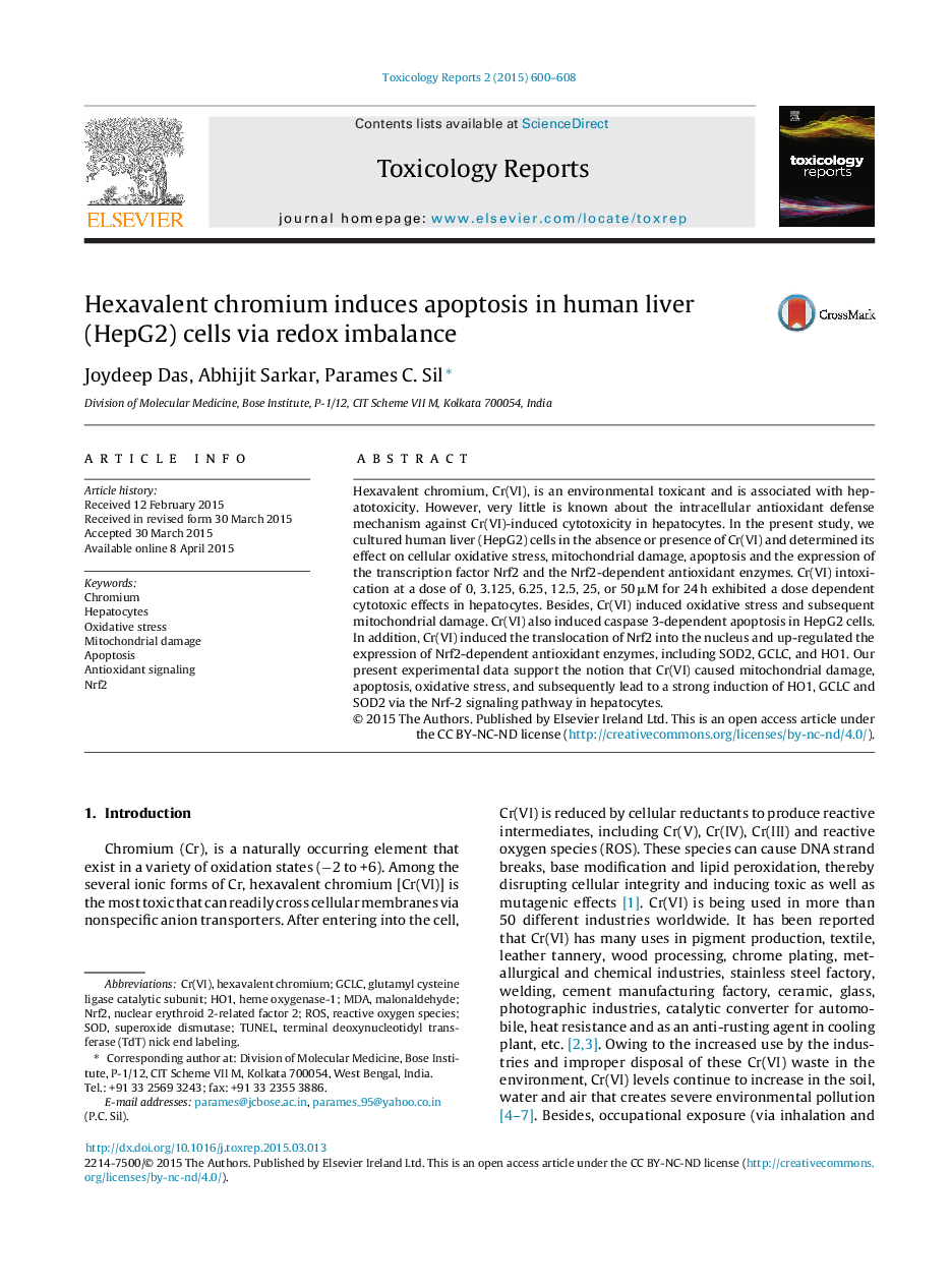 Hexavalent chromium induces apoptosis in human liver (HepG2) cells via redox imbalance