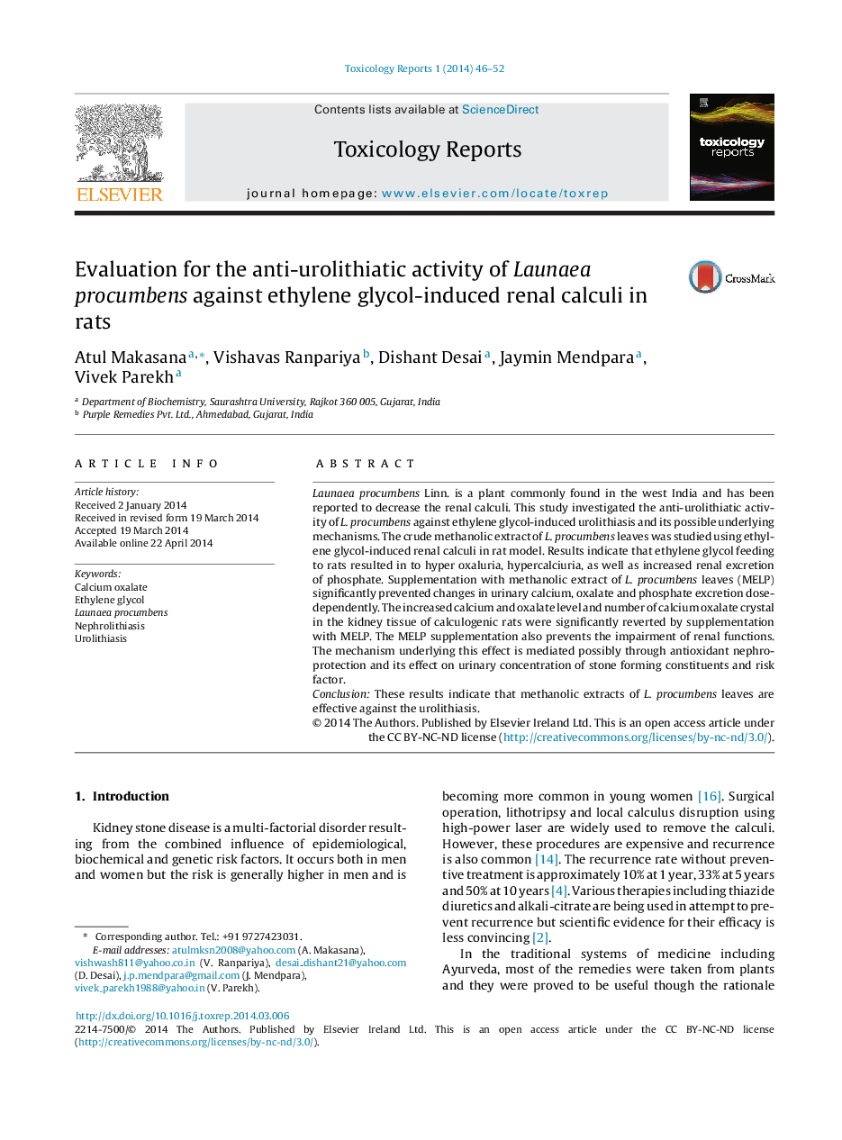 Evaluation for the anti-urolithiatic activity of Launaea procumbens against ethylene glycol-induced renal calculi in rats 