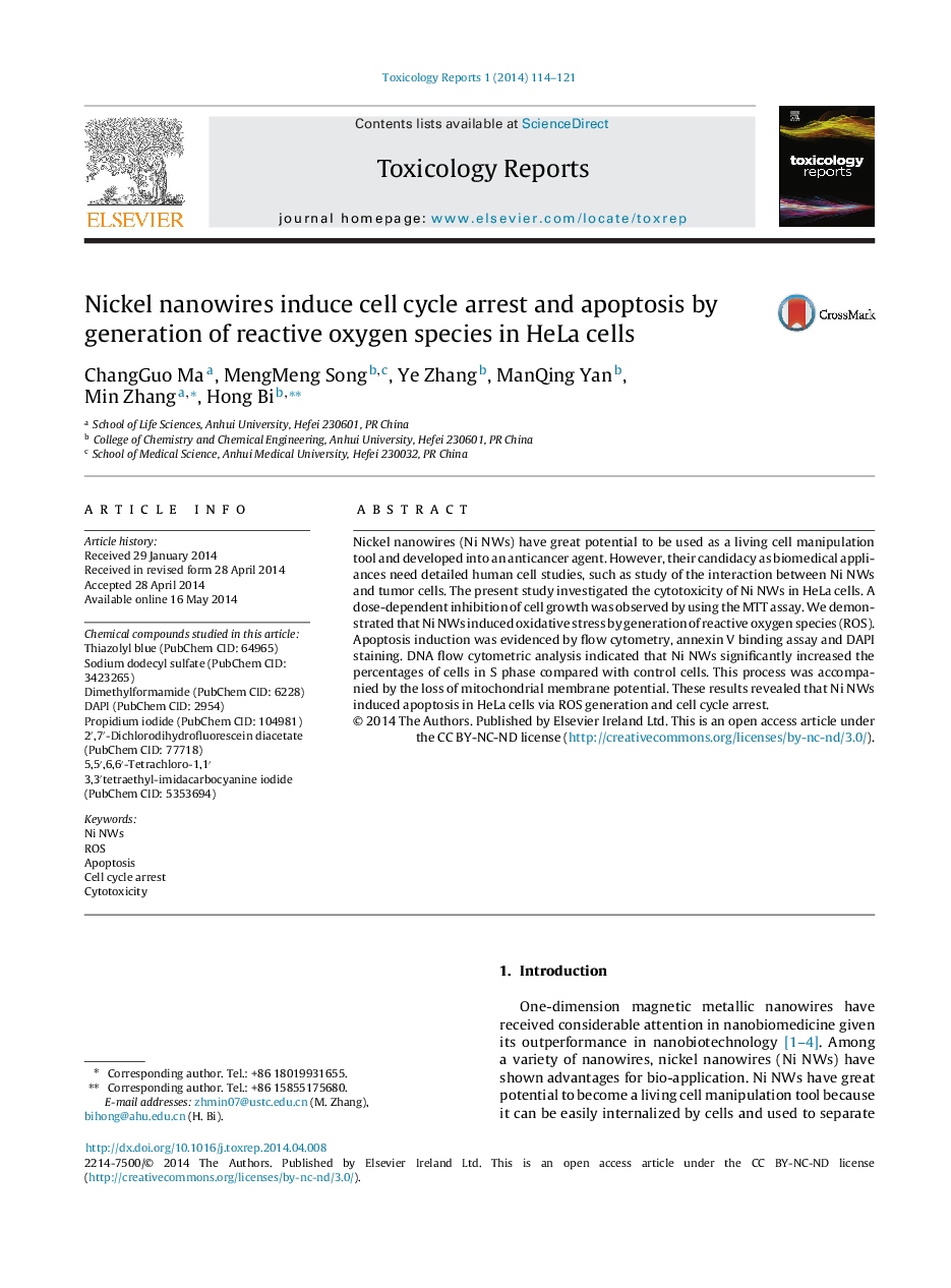 Nickel nanowires induce cell cycle arrest and apoptosis by generation of reactive oxygen species in HeLa cells 