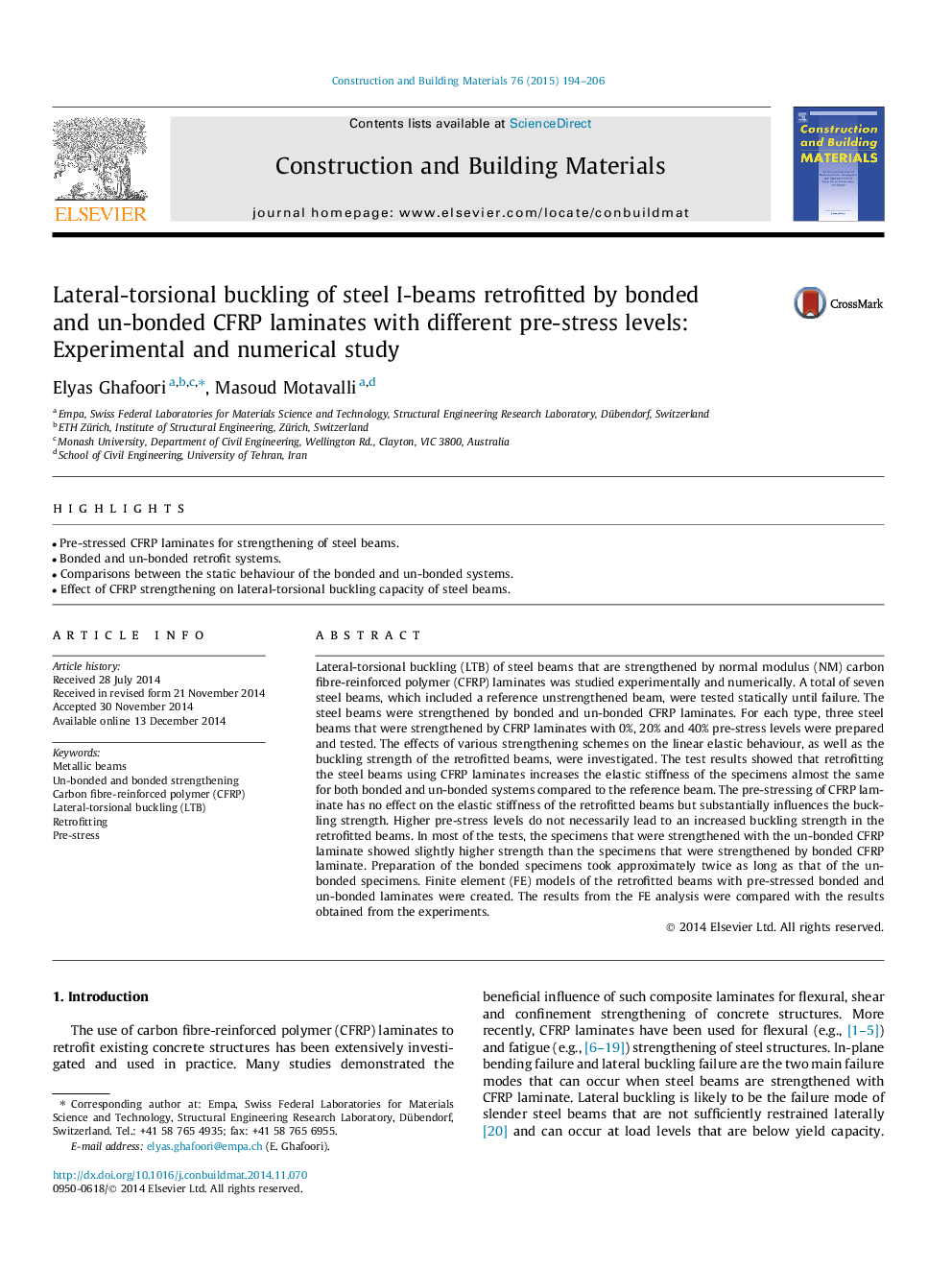 Lateral-torsional buckling of steel I-beams retrofitted by bonded and un-bonded CFRP laminates with different pre-stress levels: Experimental and numerical study