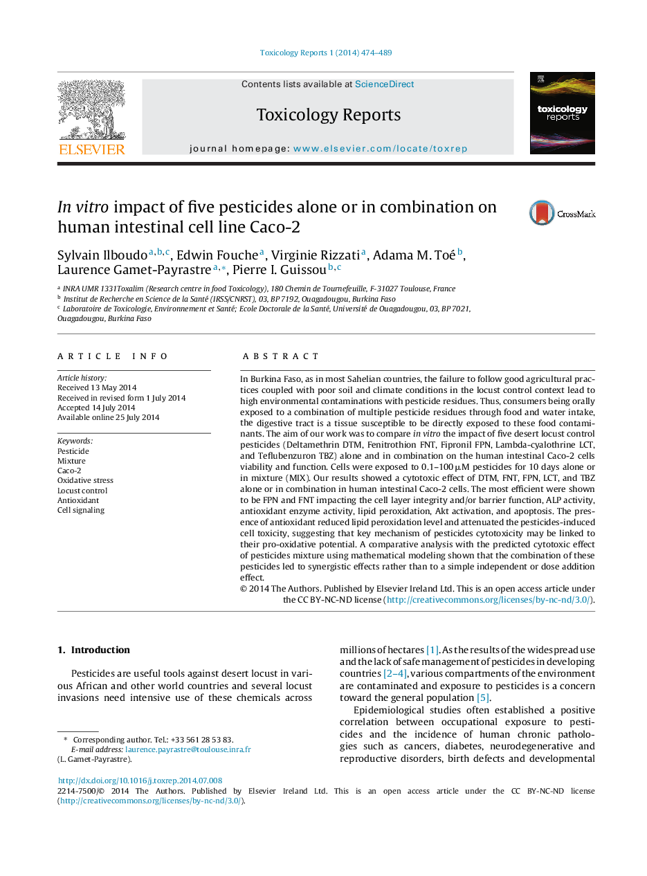 In vitro impact of five pesticides alone or in combination on human intestinal cell line Caco-2 