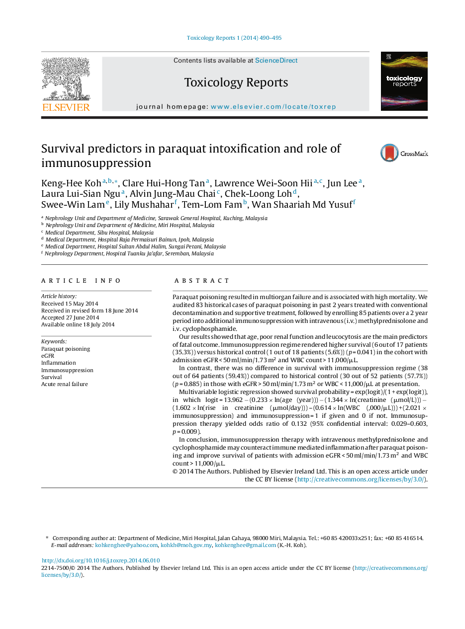 Survival predictors in paraquat intoxification and role of immunosuppression 