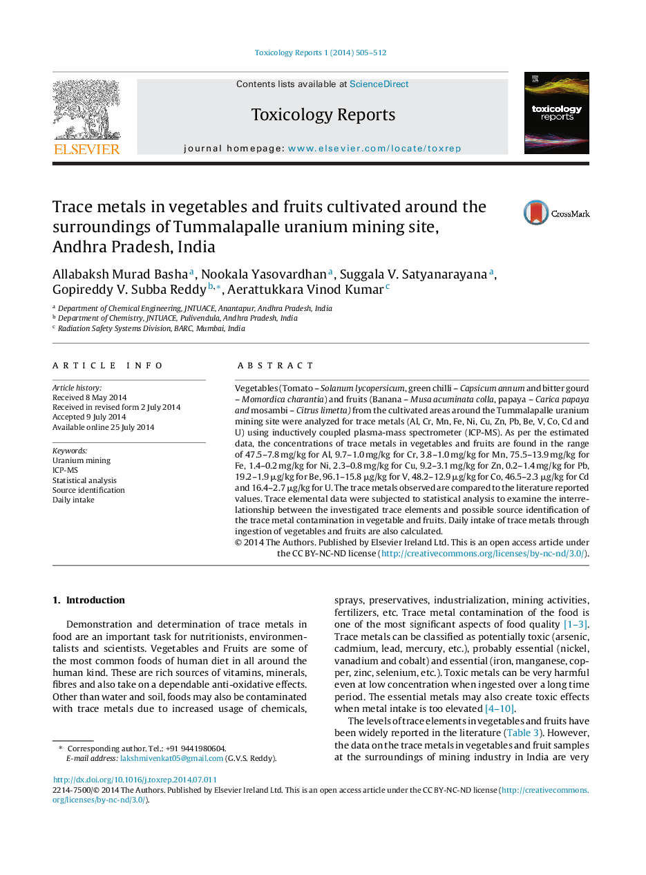 Trace metals in vegetables and fruits cultivated around the surroundings of Tummalapalle uranium mining site, Andhra Pradesh, India 