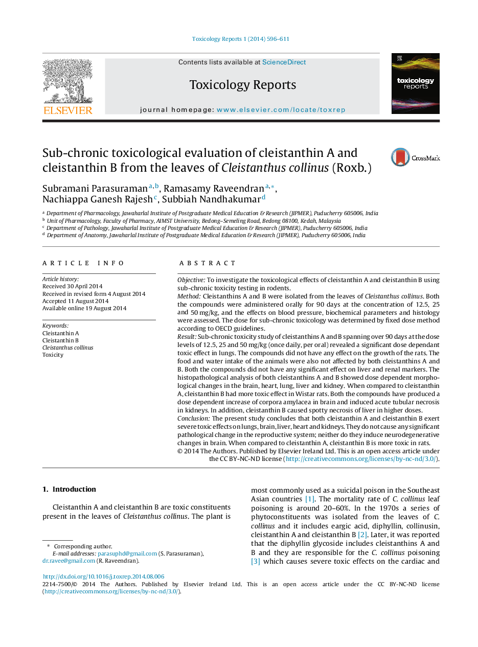 Sub-chronic toxicological evaluation of cleistanthin A and cleistanthin B from the leaves of Cleistanthus collinus (Roxb.) 