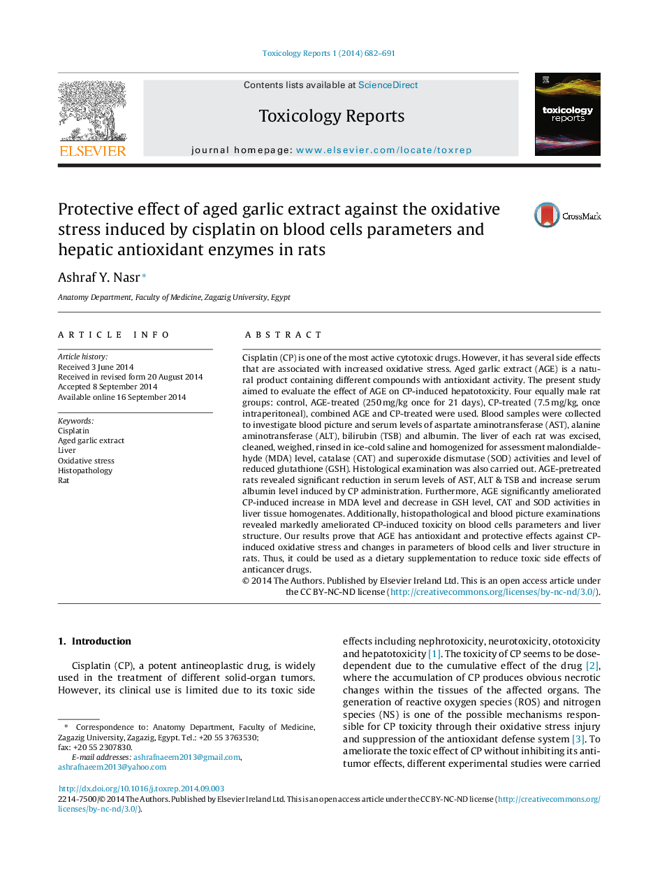 Protective effect of aged garlic extract against the oxidative stress induced by cisplatin on blood cells parameters and hepatic antioxidant enzymes in rats 