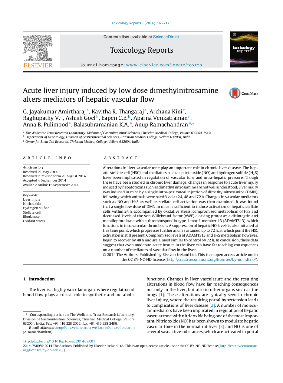 Acute liver injury induced by low dose dimethylnitrosamine alters mediators of hepatic vascular flow 