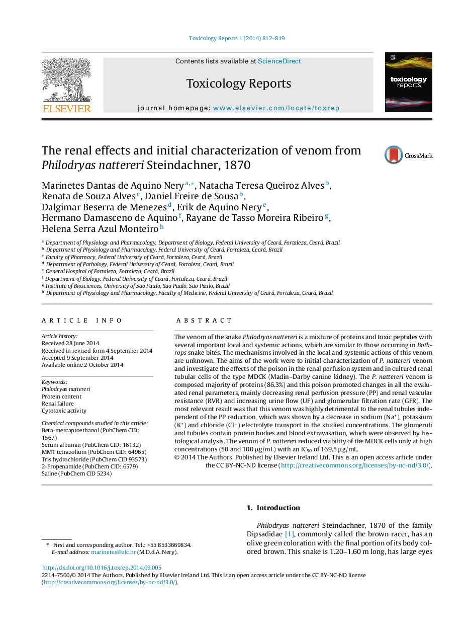 The renal effects and initial characterization of venom from Philodryas nattereri Steindachner, 1870 