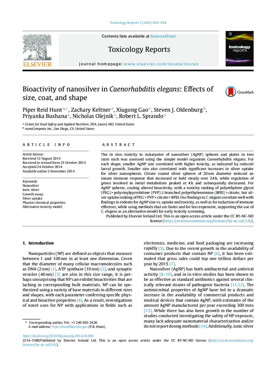 Bioactivity of nanosilver in Caenorhabditis elegans: Effects of size, coat, and shape 