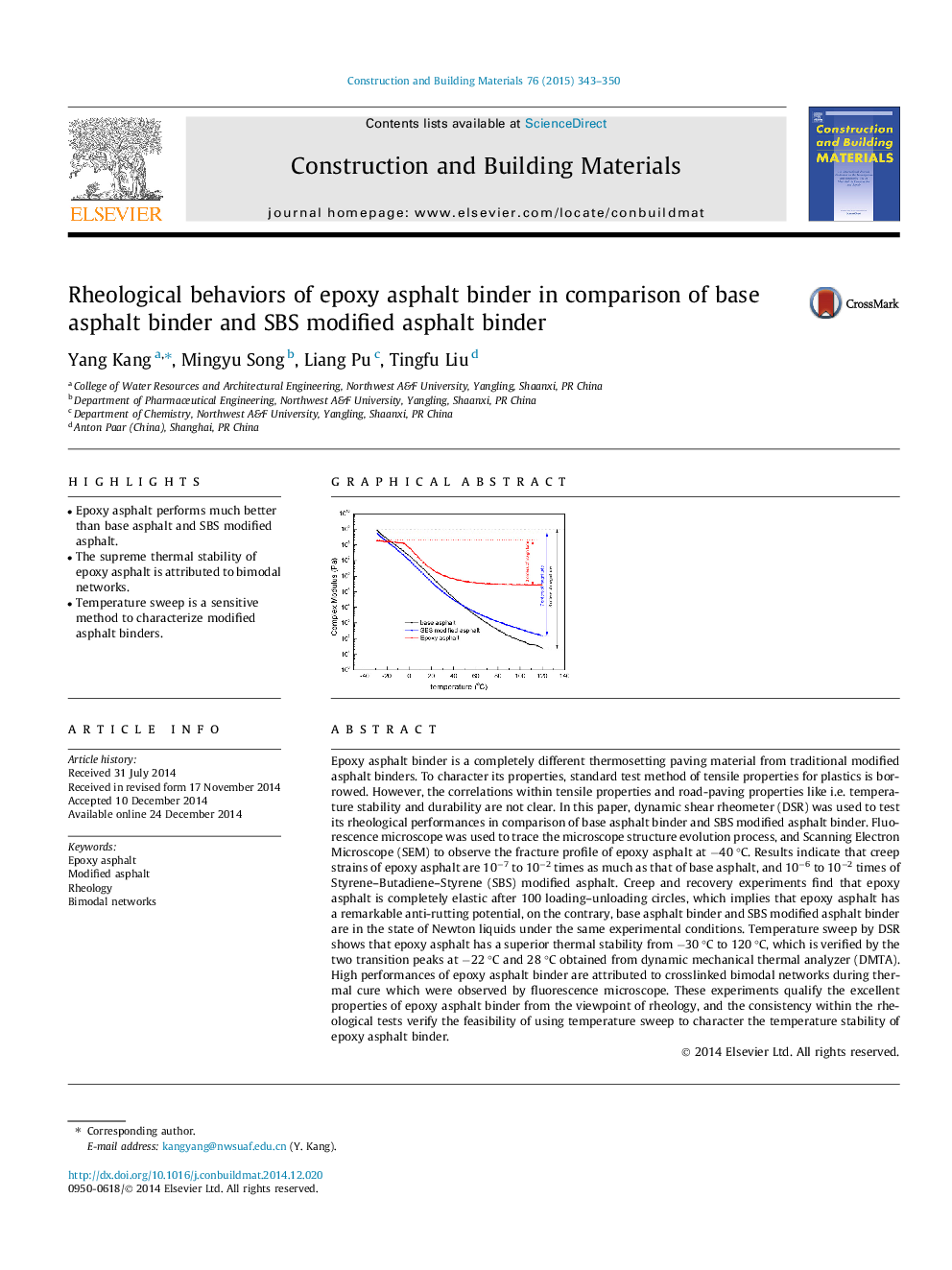 Rheological behaviors of epoxy asphalt binder in comparison of base asphalt binder and SBS modified asphalt binder