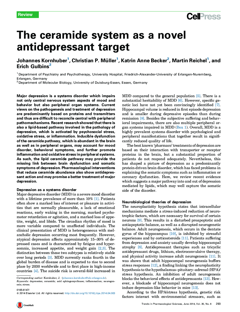 The ceramide system as a novel antidepressant target
