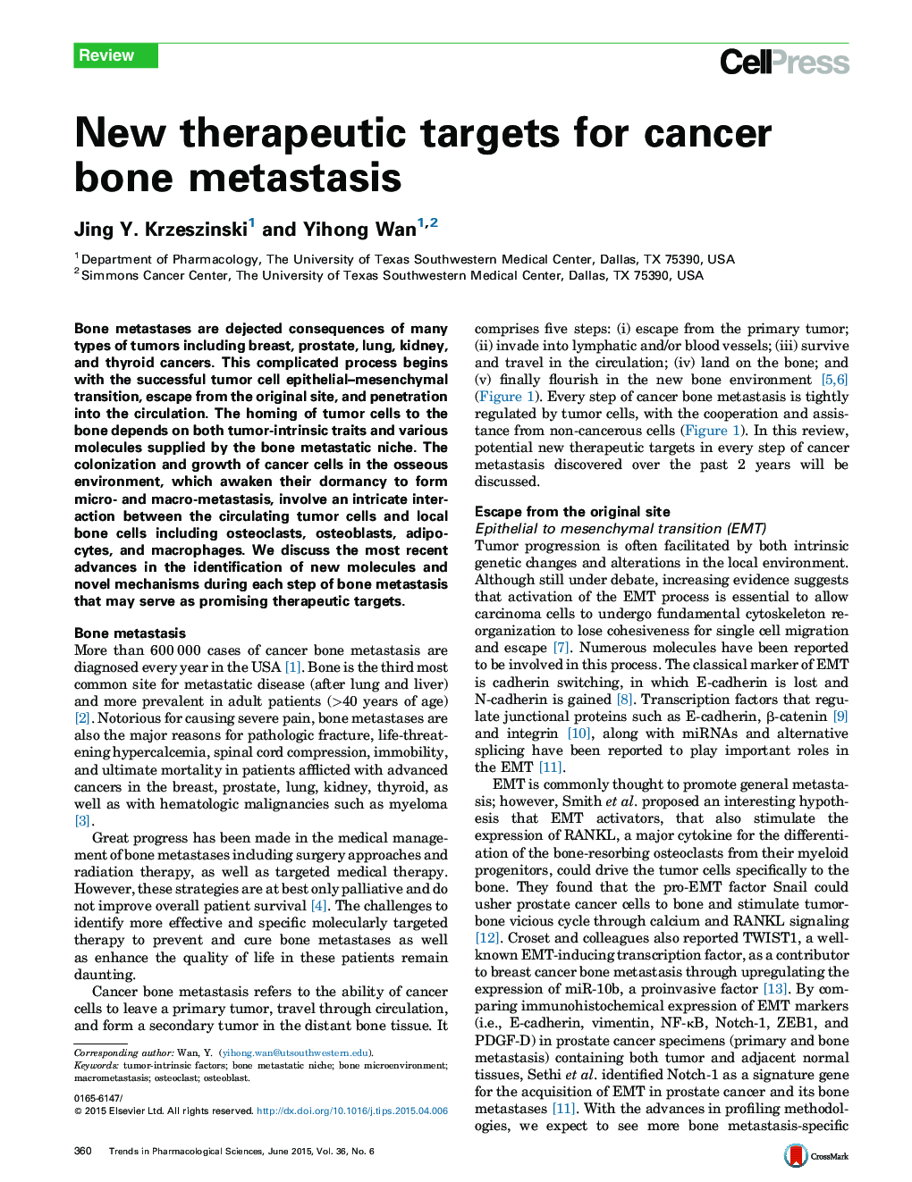 New therapeutic targets for cancer bone metastasis